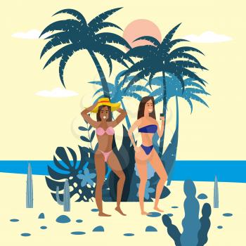 Womens characters with smartphone in bikini and hat on background of exotic plants of palm sea