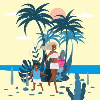 Mother with child boy in bikini with beach bag on background of exotic plants of palm sea