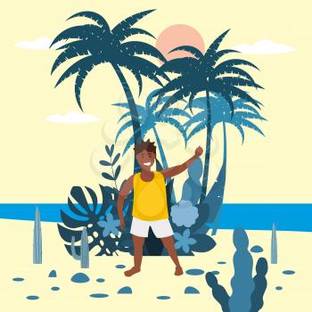 Boy kid in shorts and t-shirt on background of exotic plants of palm sea