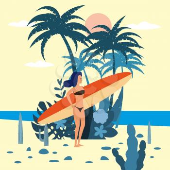 Men surfer character with surfboard in shorts on background of exotic plants of palm sea, ocean