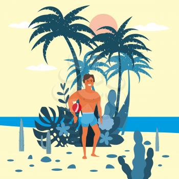 Men surfer character with surfboard in shorts on background of exotic plants of palm sea, ocean