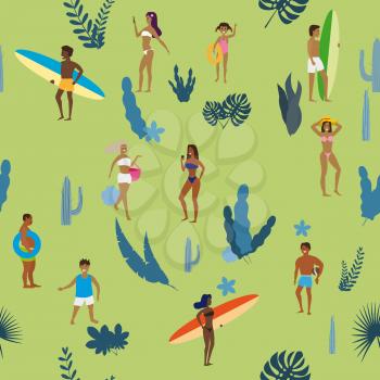 Summertime seamless pattern. People having fun on the beach, relaxing and performing summer outdoor activities at beach
