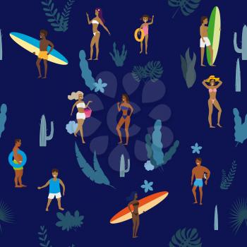 Summertime seamless pattern. People having fun on the beach, relaxing and performing summer outdoor activities at beach