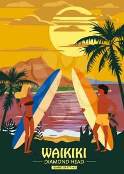 Surfers man and woman couple on the beach Waikiki, sunset, coast, palm trees