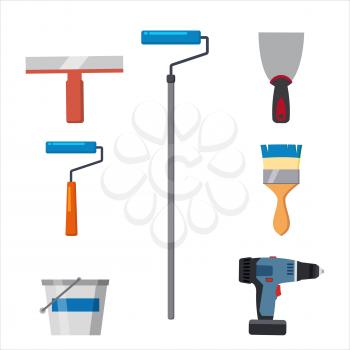 Set tools paint roller brush, putty knife, spatula, brush, electric screwdriver, paint bucket repair tool