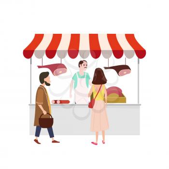 Farmer selling meat products vector. Isolated icon of man with beef pork and chicken production. Sausages and raw steaks, frankfurter in tent kiosk