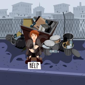 Illustration of a Young Beggar Wearing Dirty Clothes