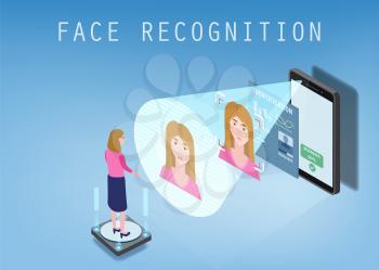 Isometric design. The smartphone scans the face of a person. Biometric identification, female