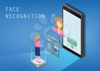 Isometric design. The smartphone scans the face of a person. Biometric identification, female