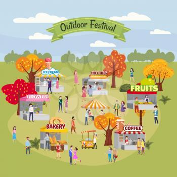 Seasonal Outdoor festival fair, market with food stalls, kiosks canopy, awnings, tents, ice cream, coffee, hot dog, flowers bakery