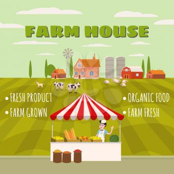 Farm House Farmer Women Sell Harvest Products Grocery On Eco Farm Organic