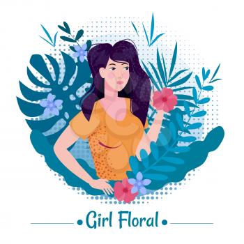 Cute girl with long romantic hair among the leaves and flowers of exotic plants in a T-shirt