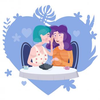 Woman whispering gossip, surprised, says rumors to other female character. Gossiping secret woman flat vector illustration.