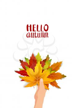 Hand hold autumn colorful leaves bright bouquet fall, floral. Hello Autumn lettering