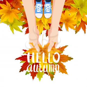 Hands hold autumn colorful leaves bright bouquet fall, floral. Hello Autumn lettering