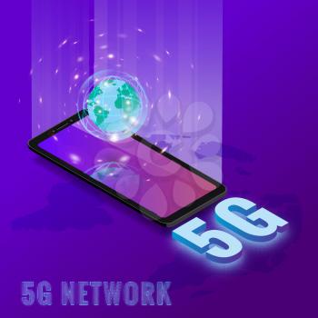 5G internet new mobile wireless technology wifi connection. Isometric smartphone with Earth planet