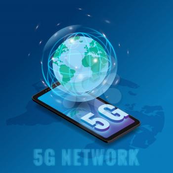 Isometric 5G network wireless technology template. Letters 5G smartphone with Earth planet