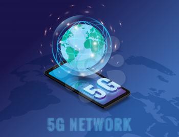 Isometric 5G network wireless technology template. Smartphone with Earth plane