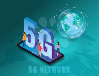 Isometric 5G network wireless technology template. Isometric smartphone with Earth planet
