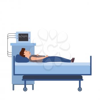 Patient young men in a medical bed, medical equipment. Hospitalization of the patient