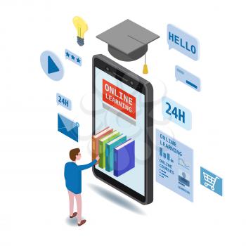 Online education isometric icons composition with little man taking books from smartphone