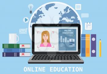 Online education webinar icons composition with teacher coach