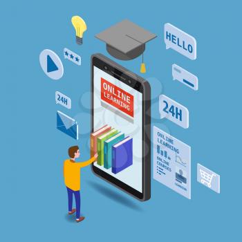 Online education isometric icons composition with little man taking books from smartphone