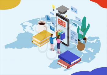Online education isometric icons composition with little people taking books from smartphone