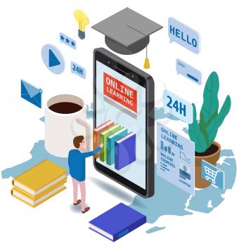 Online education isometric set icons composition with little man taking books from smartphone