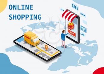 Shopping Online and Online Delivery Concept. Smartphone with online store, truck, buyer