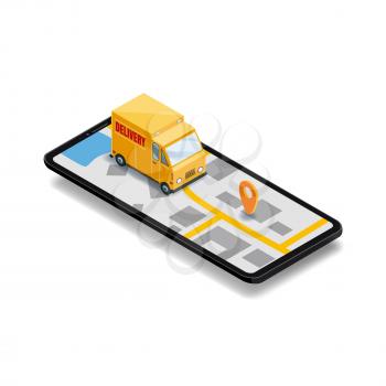Online Delivery Concept. Smartphone with truck, 3d vector isometric digital marketing illustration