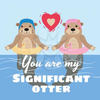 Significant Otter Valentines Day greeting card. Cute otter couple in water in swimming caps and rubber rings greeting card