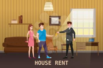 Young Happy Couple Accepting house rent. Real estate concept. Sale or rent new home service