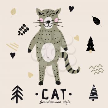 Cat cute funny character. Childish vector illustration in scandinavian style