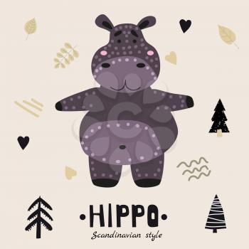 Hippopotamus cute funny character. Childish vector illustration in scandinavian style