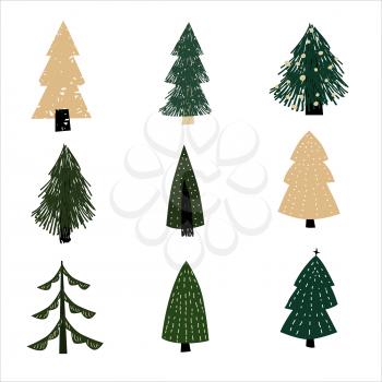 Set Christmas forest tree fir-tree icon. Simple doodles black white illustration in scandinavian style
