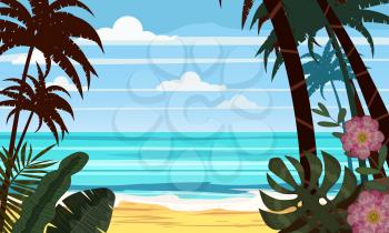 Seascape beach landscape ocean - Exotic plants leaves and palms.