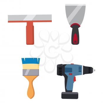 Set tools putty knife, spatula, brush, electric screwdriver repair tool