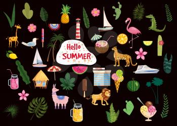 Set of cute trendy hello summer icons food, drinks, cactus, flowers, palm leaves