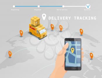 Delivery Global tracking system service online isometric design with truck, boxes on map Earth
