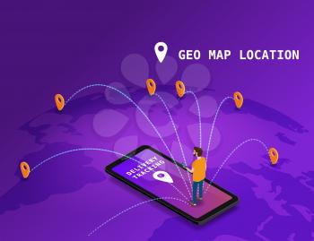 Global tracking system Delivery service online isometric design with smartphone, user man, markers, boxes on map Earth