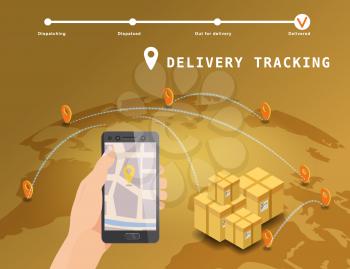 Delivery Global tracking system service online isometric design with markers cargo boxes on map Earth