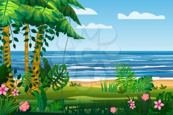 Tropical island sea ocean exotic jungle, palm trees flora, flowers, beach, surf. landscape
