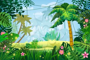 Jungle tropical forest palms different exotic plants leaves, flowers, lianas, rainforest background
