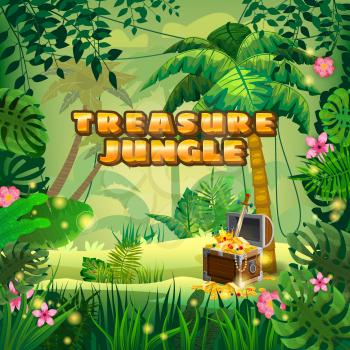 Treasure Pirate chest full of gold coins gems crown sword. Jungle tropical forest