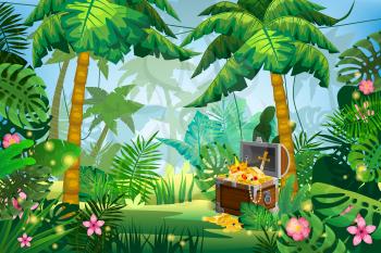 Treasure Pirate chest full of gold coins gems crown sword. Jungle tropical forest