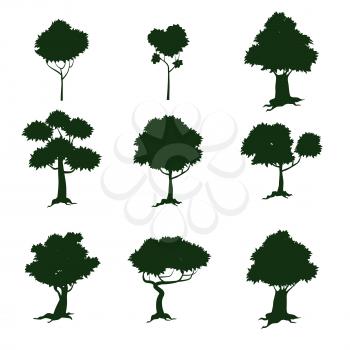Set of trees, silhouette, cartoon style isolated vector