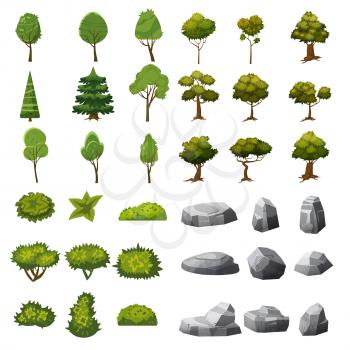 A set of stones, trees and bushes of landscape elements for the design of the garden, park, games and applications.