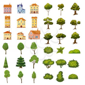 Set of buildings, bushes and plants of landscape elements for garden design, park, games and applications.