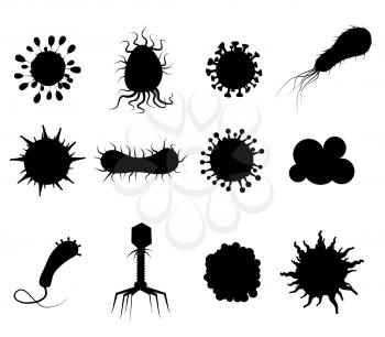 Set Viruses bacterias germs microorganisms disease-causing objects pandemic microbes, fungi infection icons